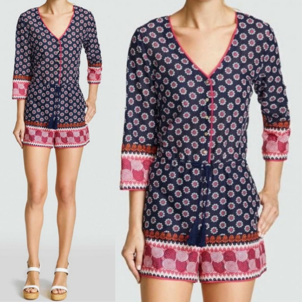 Draper James Navy and Pink Printed V-Neck Romper